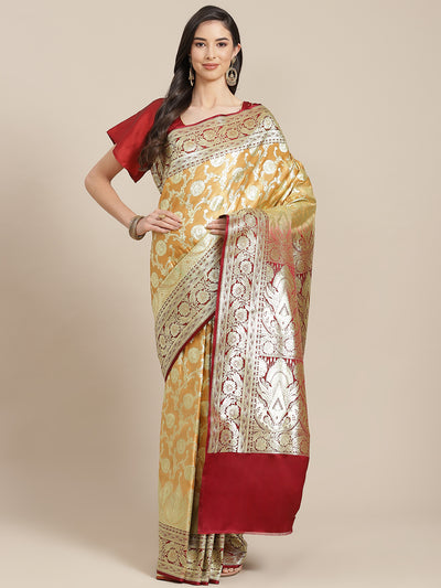 Chhabra 555 Gold Kanjiwaram Wedding Silk Saree With Zari Floral Jaal Weaving & Contrast Blouse