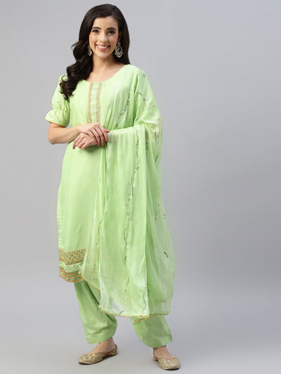 Chhabra 555 Lime Green Resham Embroidered & Swaraoski Embellished Unstitched Dress Material Dupatta Set