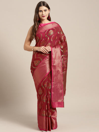 Chhabra 555 maroon Chanderi Silk saree with Resham and Zari Meenakari weaving and Contrast Pink border
