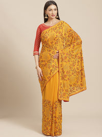 Mustard Yellow Georgette Saree with multicolor Resham Embroidered Flowers & Crystal Embellishments