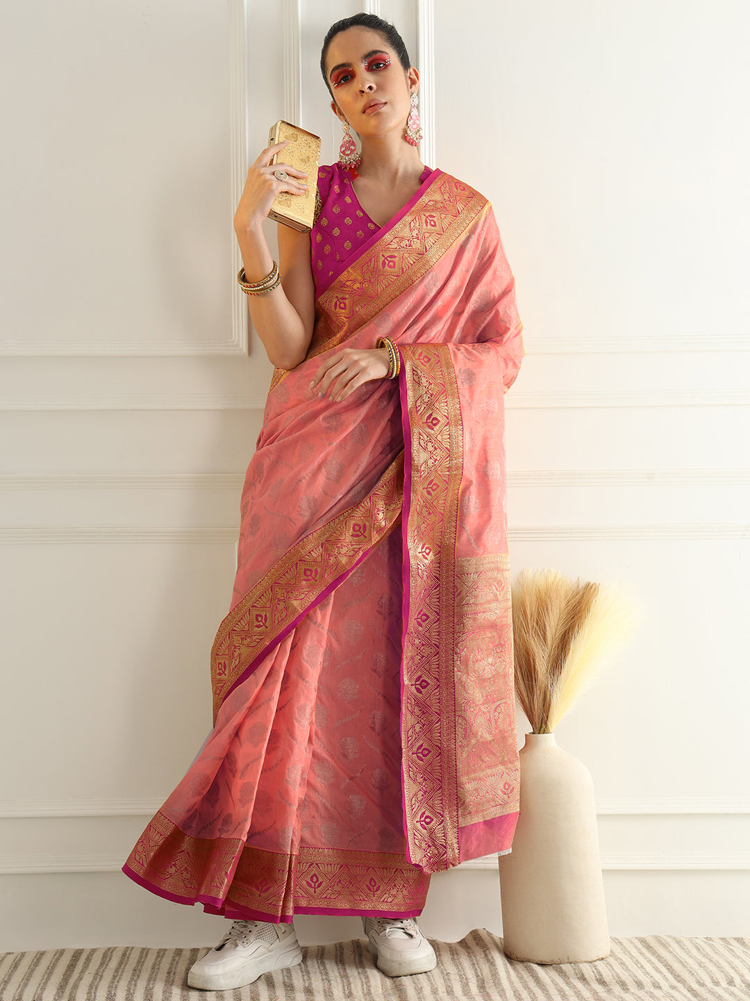 Chhabra 555 Floral Banarasi Silk Saree with Zari woven Temple pattern Contrast Border