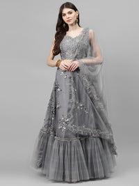 Scalloped Lehenga Set with Floral Resham Embroidery, Frills & Crystal Embellishments