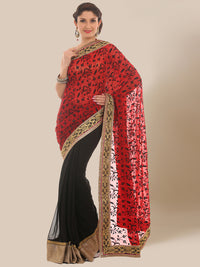 Red & Black Embroidered Georgette Saree