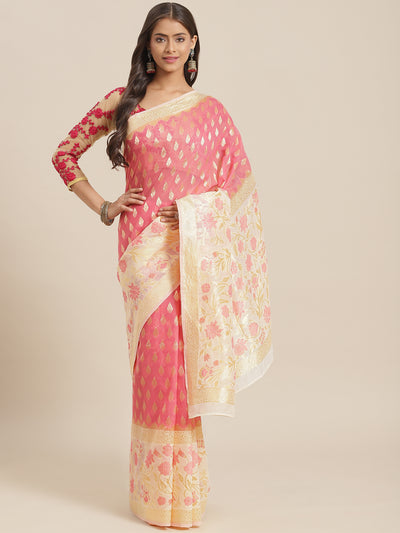 Chhabra 555 Pink & White Embellished Cotton Silk Traditional Brocade Saree with handloom weaving