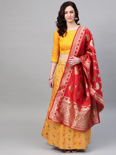 Chhabra 555 Mustard Red Semi-stitched Banarasi Kalidar Lehenga set with Zari, Resham weaving in floral motifs