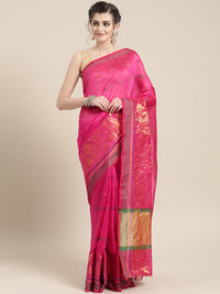 Chhabra 555 Banarasi Brocade Chanderi Silk saree with Zari weaving in a floral Peacock pattern 