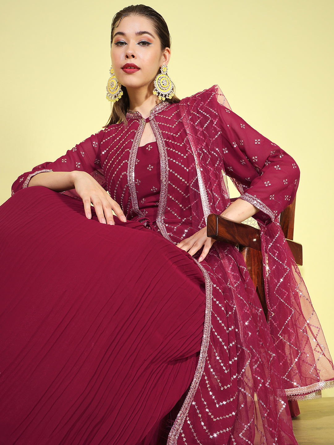 Chhabra 555 Pleated Embroidered Lehenga Choli set with Chevron Sequinned Stylized Long Jacket
