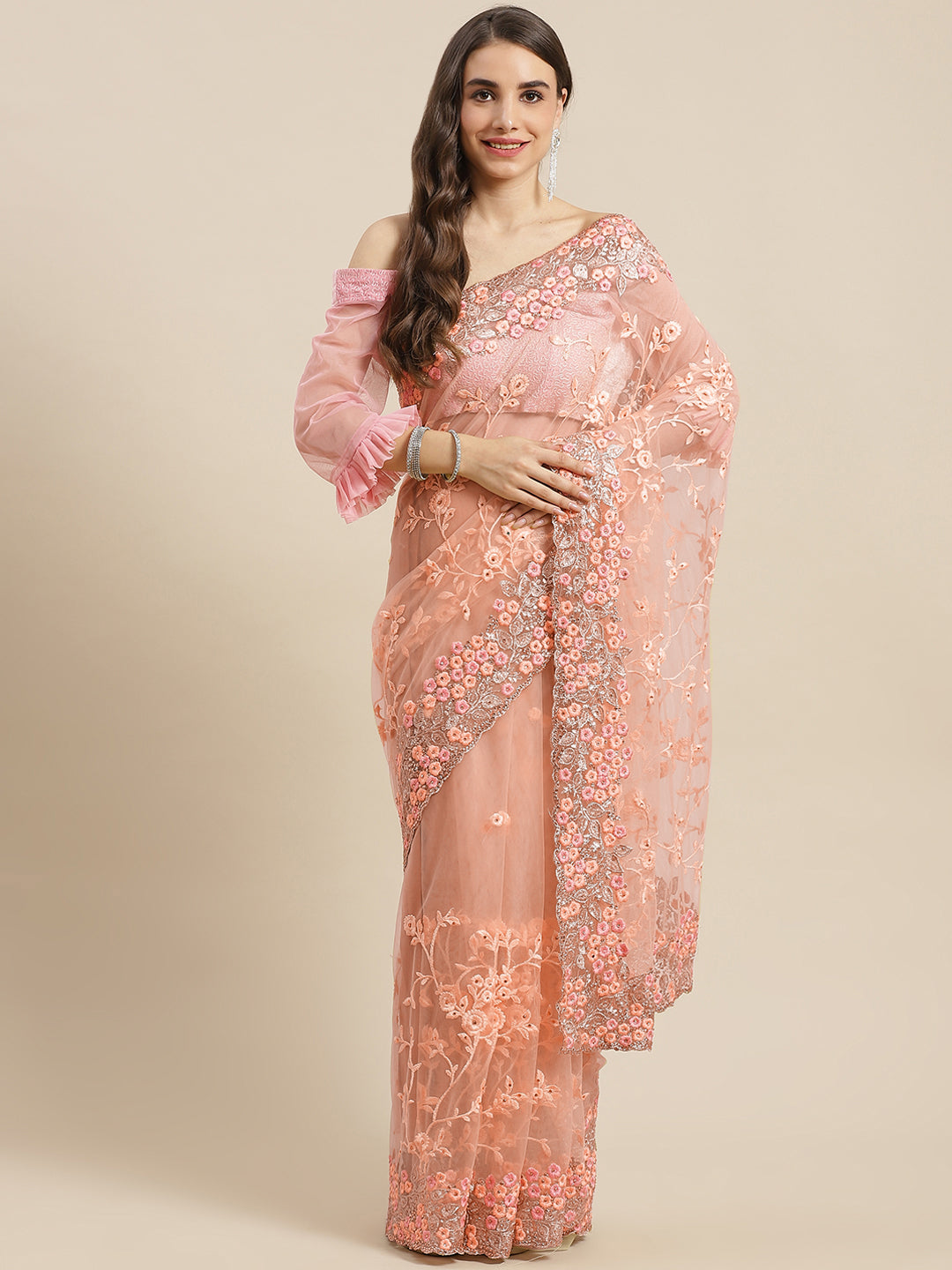 Chhabra 555 Pastel Net Zari & Resham Floral Embroidery Saree With Crystal & Scalloped Cutwork Border