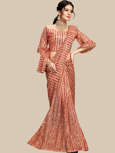 Chhabra 555 Peach Metallic Sequinned Draped Party Wear Saree with Pre-stitched Bell Sleeves Blouse 