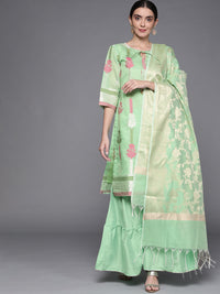 Chhabra 555 Sea Green Made-to-Measure Woven Floral Kurta Sharara Set with Banarasi Handloom Dupatta