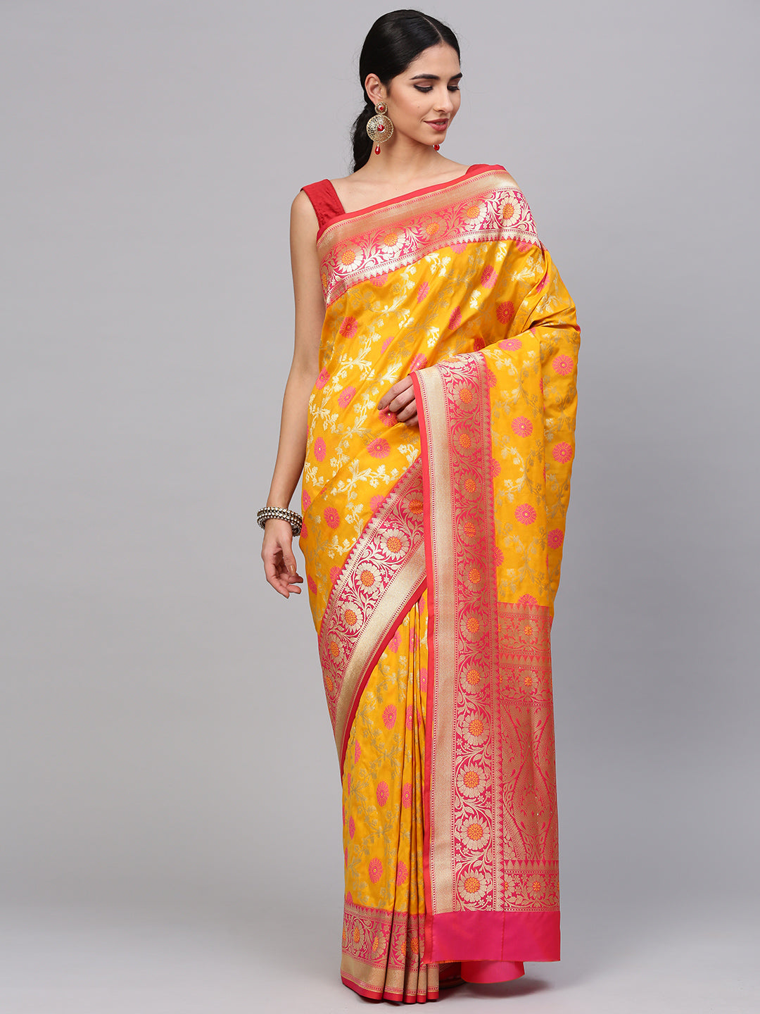 Chhabra 555 Yellow Jaal Floral Meena Work Pattern Wiith Heavy Zari Border Banarasi Saree With Blouse Piece