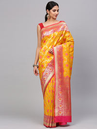 Chhabra 555 Yellow Jaal Floral Meena Work Pattern Wiith Heavy Zari Border Banarasi Saree With Blouse Piece