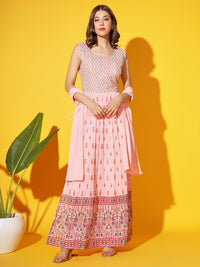 Chhabra 555 Made-to-Measure Coral Printed Long Nayra-Cut High Slit Pleated Kurta With Flared Palazzo Dupatta Set