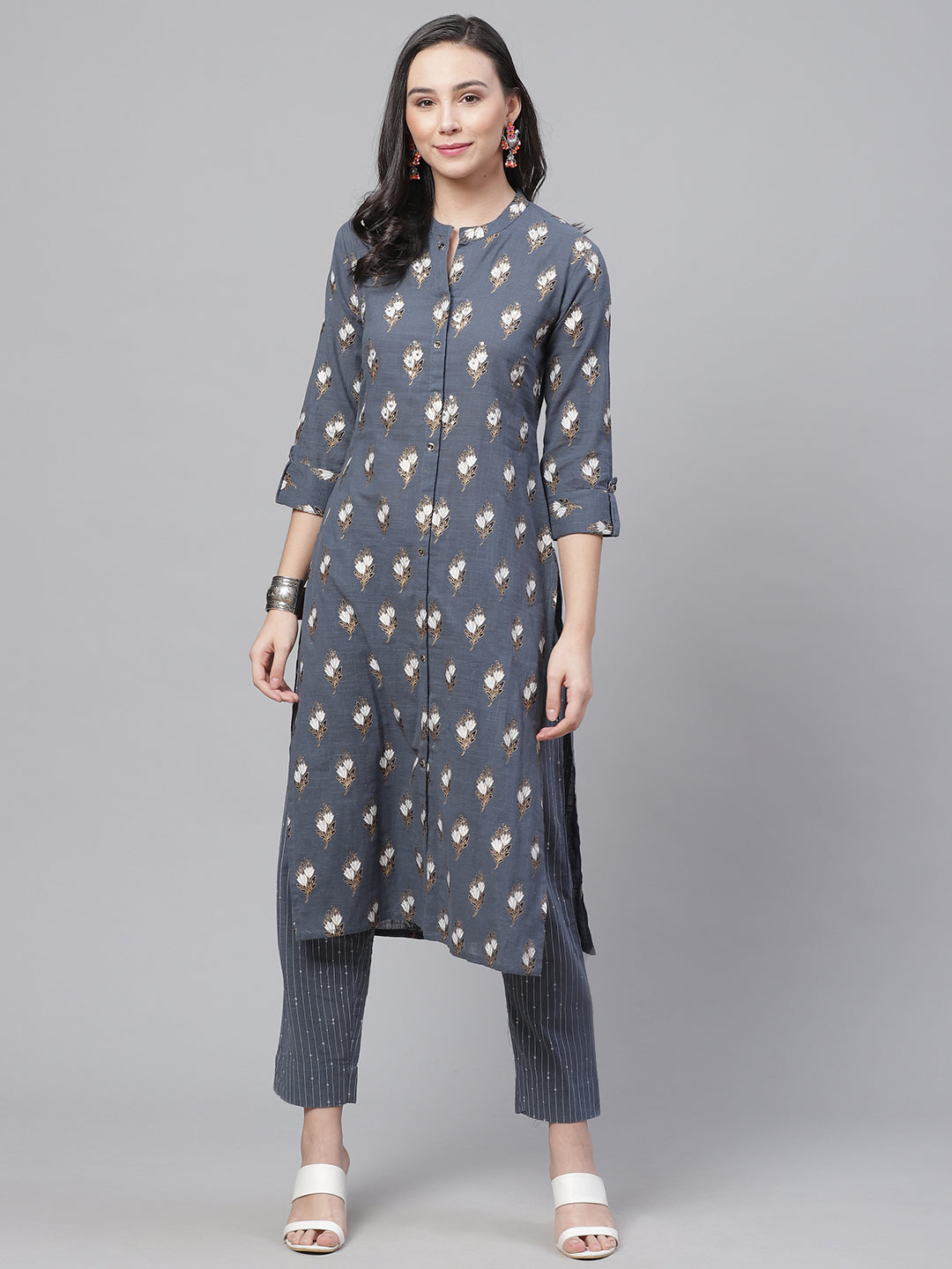 Made to Measure Grey Kurta Pants Set With Ethnic Block Printing & Sequence Embellishment