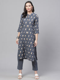 Made to Measure Grey Kurta Pants Set With Ethnic Block Printing & Sequence Embellishment