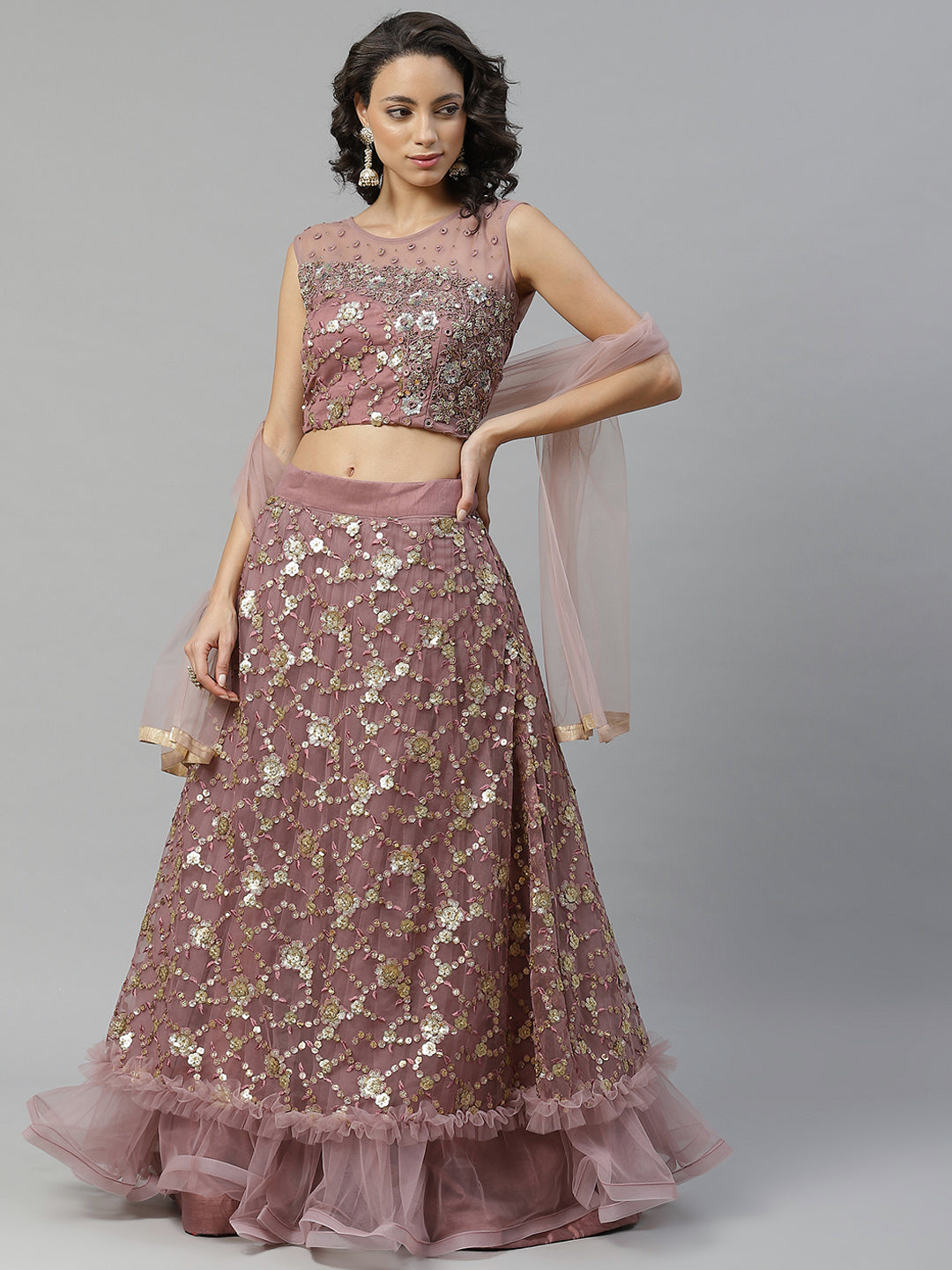 Made to Measure Mauve Frills & Layers Lehenga Set With Mirror & Sequence Embroidery