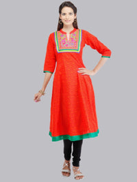 Red Cotton Anarkali Kurti With Embroidered Neckine