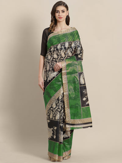 Chhabra 555 Black Green Bhagalpuri Silk Saree with Ethnic Paisley and Peacock Print

Color: Green 

Type: Tussar Sarees

Pattern: Printed

Pattern Type: Abstract

Ornamentation: NA

Border: Printed

Fabric: Silk Blend

Saree: 5.4 mtr., Width: 1.10 mtr, Blouse: 0.80 mtr
Dryclean Only

The CAD image gives a detailed look of the actual blouse piece that comes with this saree. The blouse used by the model in the pictures is only for styling purpose.