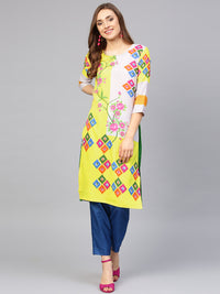 Yellow Cream Color blocked Printed Straight Kurta with floral motifs
