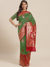 Green & Red Resham & Zari Woven Silk Traditional Saree