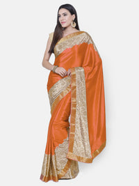 Chhabra 555 Orange Satin Silk Saree with floral print and a woven Border