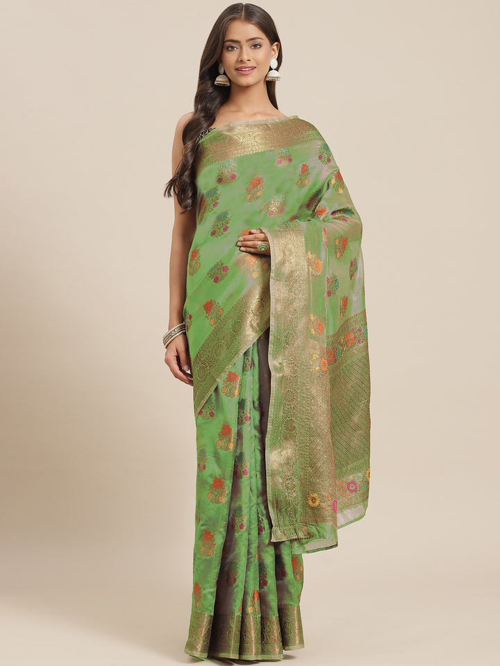 Chhabra 555 Green Chanderi Brocade Traditional Saree with Meenakari Floral Motifs