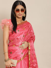 Chhabra 555 Gajari Pink Tassar Benarasi Silk  Saree with Resham Ethnic Embroidery  & Brocade Border 