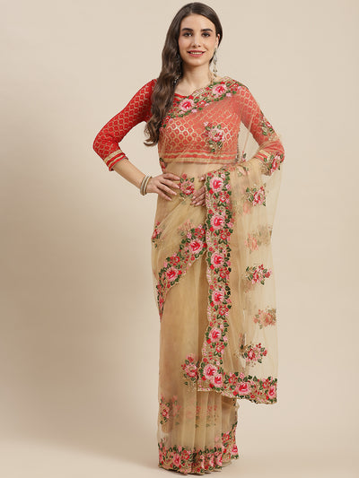 Chhabra 555 Net Floral Zari & Resham Embroidered Saree Embellished With Scalloped Cutwork Border

Color: Beige

Type: NA Sarees

Pattern: Embroidered

Pattern Type: Floral

Ornamentation: Zari

Border: Embroidered

Fabric: Net

Saree length: 5.50 mtr., Width: 1.10 mtr, Blouse length: 0.70 mtr
Dry Clean

The CAD image gives a detailed look of the actual blouse piece that comes with this saree. The blouse used by the model in the pictures is only for styling purpose.