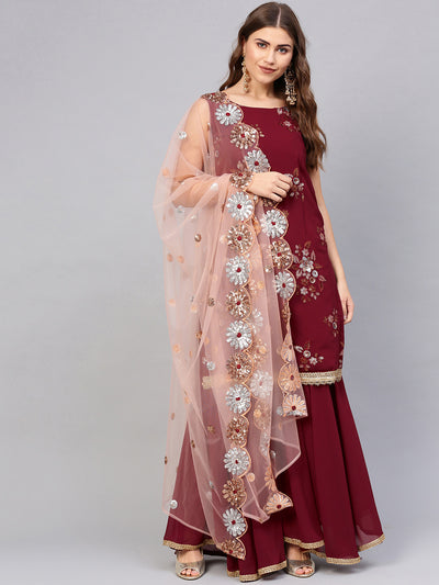 Chhabra 555 Made to Measure Maroon Kurta Sharara Set with Zari Sequin Embroidery and Heavily embellished cut work dupatta