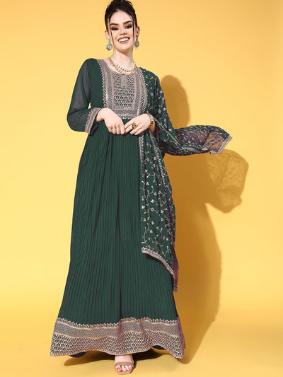 Chhabra 555 Made to Measure Green Pleated Georgette Anarkali Gown with Gold Aari Embroidery Dupatta