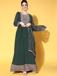 Green Pleated Georgette Anarkali Gown with Aari Embroidery Dupatta