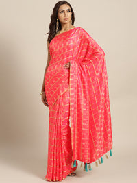 Chhabra 555 Pink Peach Checkered Gharchola style Silk Saree with Peacock motif Embroidered Blouse