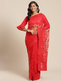 Red Net Resham Embroidered Saree with Scalloped border and crystal Embellishments