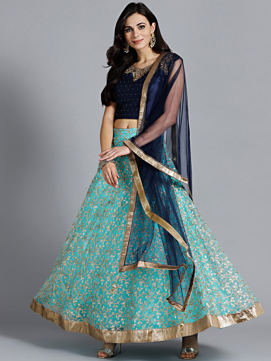 Chhabra 555 Sky Blue Net Embroidered Crop top Lehanga With Swarovski and heavy Zircon Work choli with tassels and Dupatta with beautiful tassels