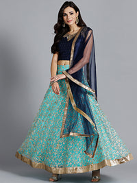 Chhabra 555 Sky Blue Net Embroidered Crop top Lehanga With Swarovski and heavy Zircon Work choli with tassels and Dupatta with beautiful tassels