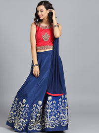 Chhabra 555 Red & Blue Art Silk Hand Embroidered Foil Print Stitched Lehenga Choli With Net Dupatta