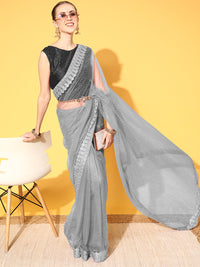 Chhabra 555 Grey Cocktail Bling Glittery Net Saree with Laces Embellished Border 