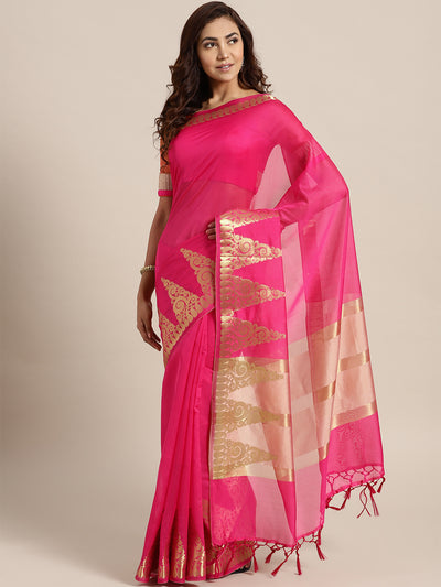 Chhabra 555 Pink Banarasi Handloom Silk Saree with Gold Temple pattern and Paisley border