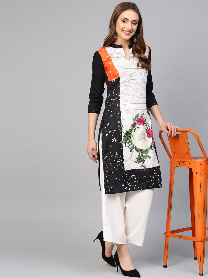 Off White Printed Straight Kurta with Natural Scenery motifs