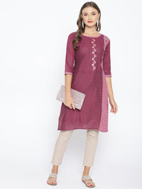 Purple Cotton Straight Kurta with Striped pattern