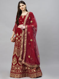 Red Velvet Bridal Semi-Stitched Lehenga Set with Gold Zari & Resham Embroidery