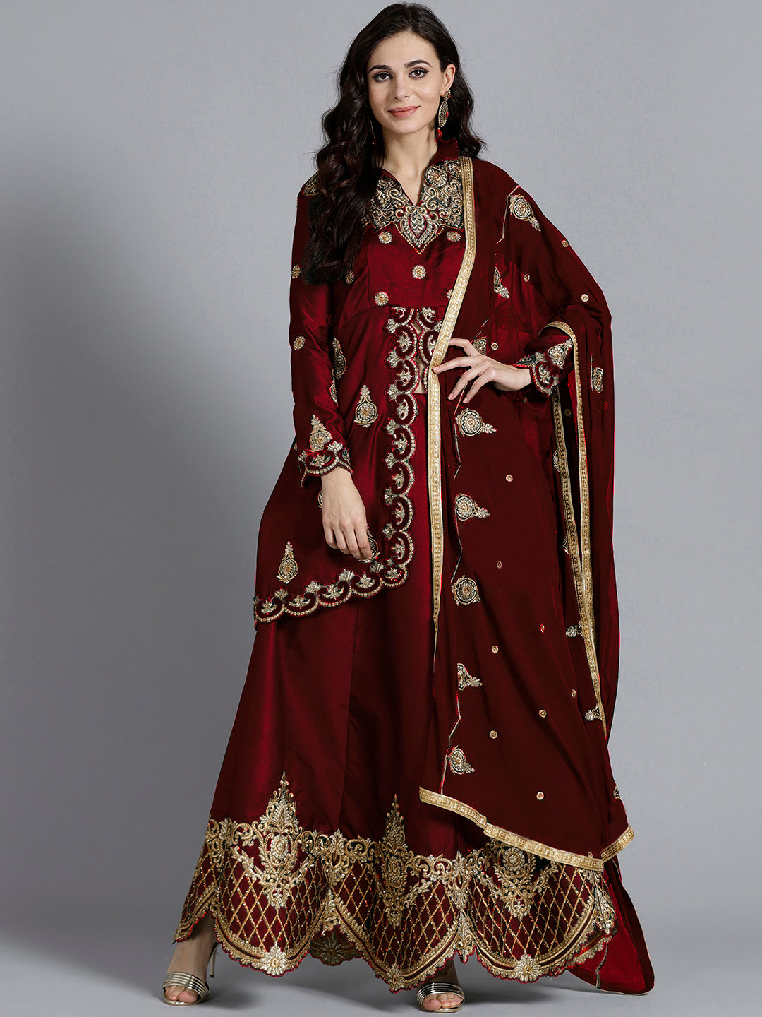 Maroon Silk Made-to-Measure Jacket style Lehanga set With Resham Embroidered cut-work