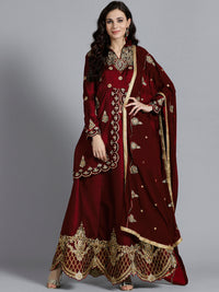 Maroon Silk Made-to-Measure Jacket style Lehanga set With Resham Embroidered cut-work