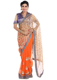 Chhabra 555 half and half georgette saree with floral foil printed beige pallu and zari embroidered orange pleats