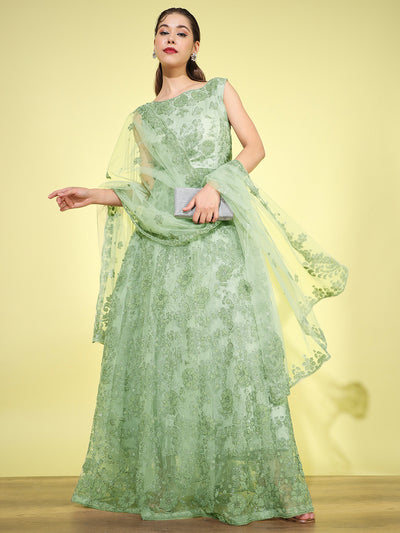 Chhabra 555 Made-to-Measure Pastel Green Beads and Crystal Embellished Kalidar Flared Gown