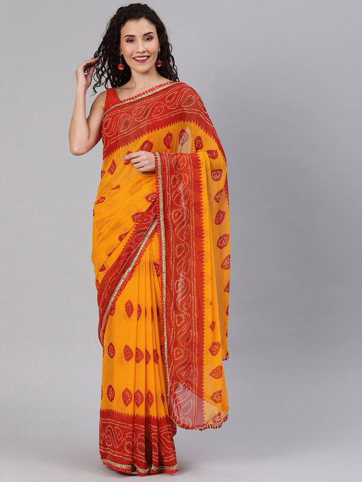 Tie And Dye Bandhani Georgette Saree with Gold Bead Work Tassels Border