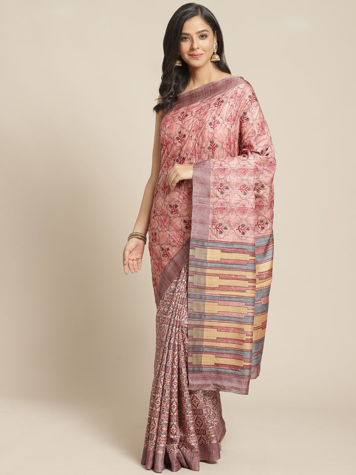 Kantha embroidered Handloom Half-and-Half Saree with Ethnic Indie Print in pleats