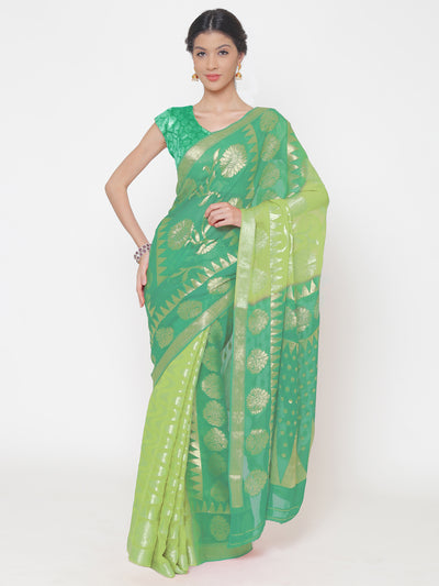 Chhabra 555 Mysore Georgette Light to Dark green ombre dyed saree with floral and temple weaved motifs