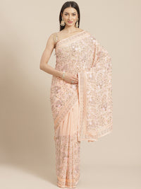 Pastel Georgette Saree With Multicolor Resham Embroidered Floral Jaal & Swarovski Crystal Border