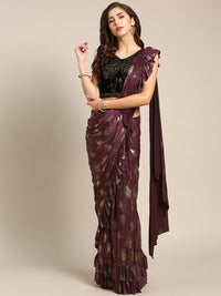 Draped Ruffled Lycra Foil Printed Pre-stitched Saree with Sequin Embellished Blouse